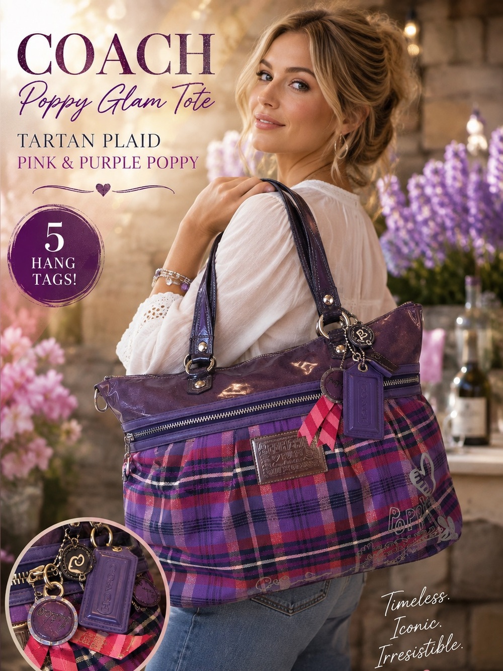 Coach Tartan Plaid Glam Tot Pink & Purple Poppy &  5 Hang Tags -‎ Collectible - Picture 2 of 15